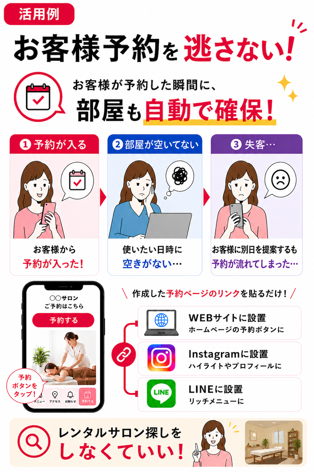 レンタルサロンでお客様予約時に部屋を自動確保し、失客対策や空き確認の手間削減をサポートするTAKUMI予約連動機能