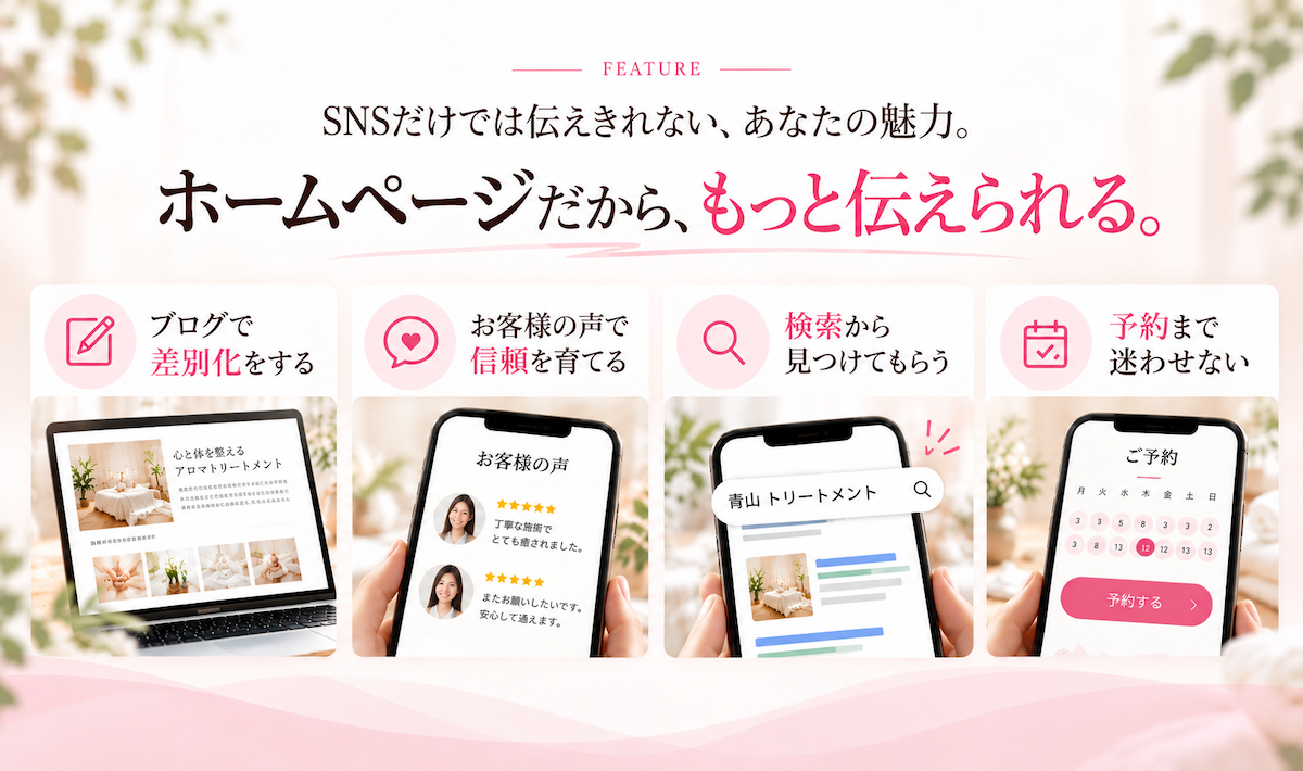 ホームページによる集客の4つのメリット。ブログでの差別化、お客様の声による信頼、検索での発見、予約への案内